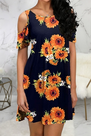 summer new stylish sunflower printing slight stretch loose pockets hollow plus size casual mini dress