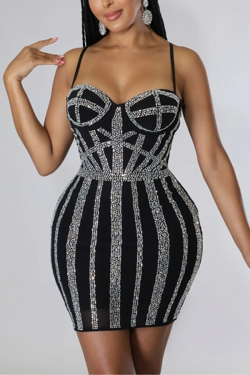s-2xl summer new plus size rhinestone decor mesh stitching stretch padded underwire backless sling sexy bodycon mini dress (with lining)