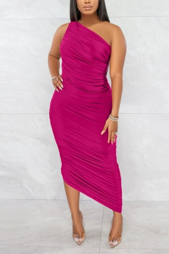 Summer new stylish solid color 4 colors plus size slight stretch one shoulder pleated slim casual maxi dress