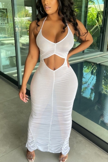summer new stylish 3-colors mesh see-through slight stretch hollow halter neck backless slit pleated plus size sexy maxi dress