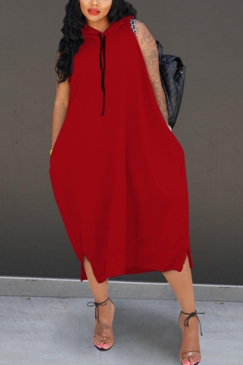 s-3xl summer new stylish 5 colors solid color hooded pocket loose slight stretch slit casual midi dress