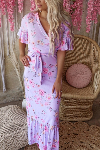 s-2xl plus size summer new floral batch printing stretch short sleeve v-neck lace up ruffle stylish casual maxi dress(with belt)
