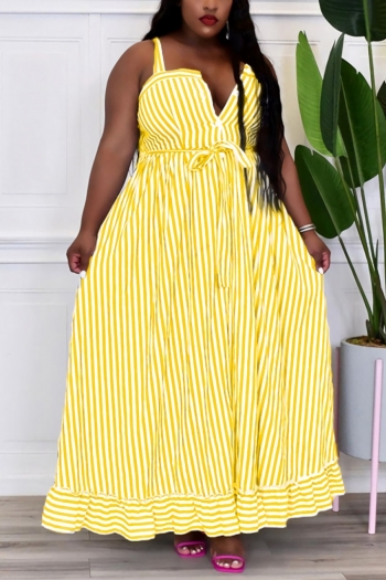 summer new stylish non-stretch striped batch printing pockets single breasted sling belt plus size casual maxi dress