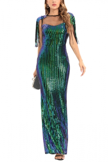 summer new 2 colors sequin mesh patchwork stretch tassel decor slim stylish high quality sexy maxi dress