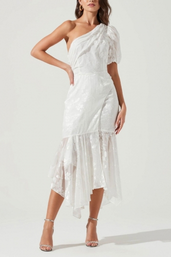 summer new stylish mesh see-through patchwork one shoulder zip-up irregular elegant midi dress
