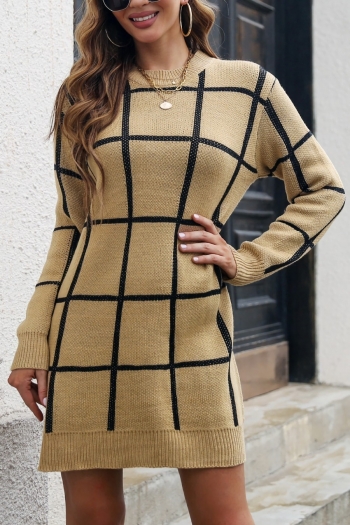 autumn & winter new 3 colors stretch knitted plaid contrast color spliced long sleeves casual mini dress(without belt)