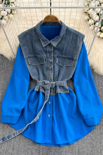 autumn new stylish 7 colors denim patchwork contrast color single breasted slight stretch casual mini dress(with belt)