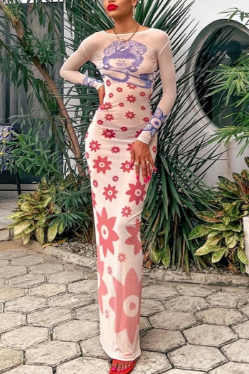 spring & summer new mesh see-through human face & floral fixed printing stretch long sleeve backless stylish sexy maxi dress