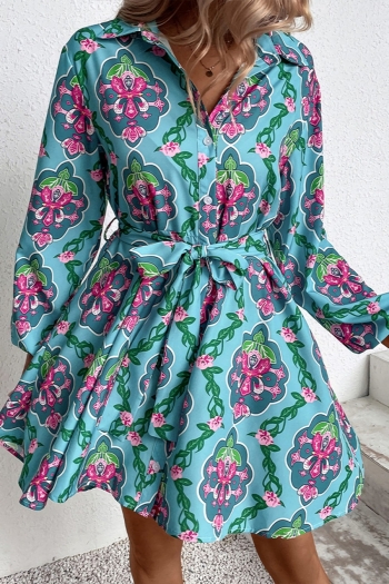 autumn new stylish flower batch printing lapel button long sleeve inelastic with belt lace-up casual mini dress