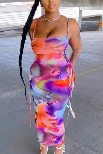 summer new tie-dye & floral batch printing stretch sling crossed design lace up bodycon stylish sexy midi dress
