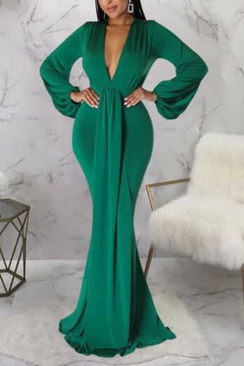 autumn new stylish 3 colors simple solid color slight stretch deep v plus size slim sexy maxi dress