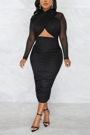 autumn new stylish mesh patchwork see-through slight stretch pleated hollow zip-up plus size sexy midi dress