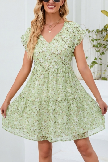 summer new stylish four colors floral batch printing v-neck ruffle decor short sleeve inelastic casual mini dress