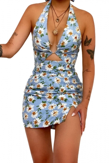 s-2xl plus size summer new floral batch printing stretch halter-neck lace up metallic-ring connected hollow slit backless bodycon stylish sexy mini dress