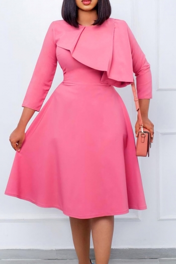 s-3xl plus size spring new 3 colors stretch solid color crew neck back zip-up casual midi dress