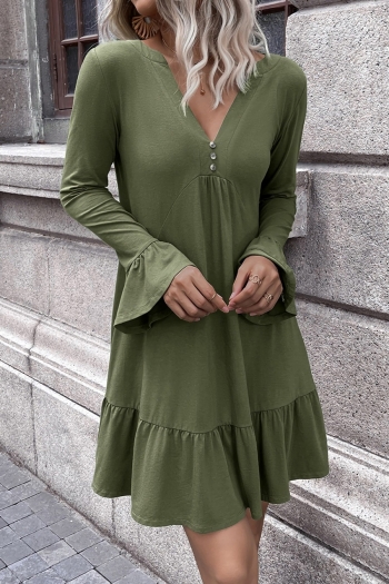 autumn new stylish three colors solid color v-neck ruffle decor long sleeve stretch casual mini dress