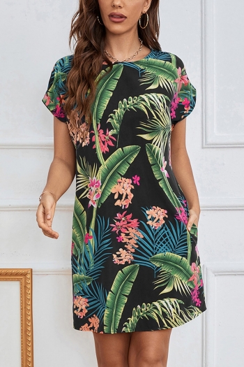 summer new stylish tropical flower and leaf batch printing crew neck short sleeve inelastic casual mini dress