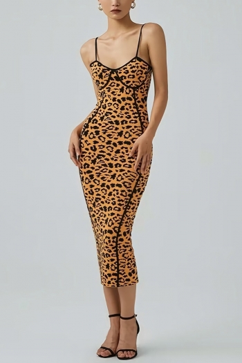 summer new stylish stretch leopard pattern knitted sling backless slim high quality sexy midi dress