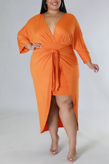 l-4xl plus size summer new stylish 3-colors solid color three quarter sleeves slight stretch v neck lace-up irregular sexy maxi dress