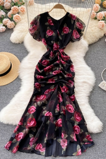 m-2xl plus size summer new stylish flower batch printing chiffon shirring inelastic high quality elegant midi dress