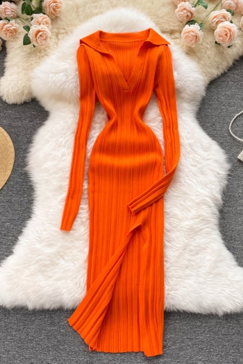 autumn new stylish ten colors solid color v-neck lapel long sleeve stretch knitting slim slit sexy midi dress