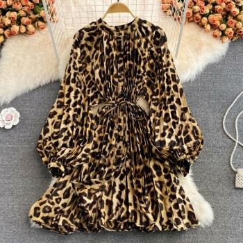 autumn new stylish leopard printing crew neck button puff long sleeve inelastic high quality casual midi dress