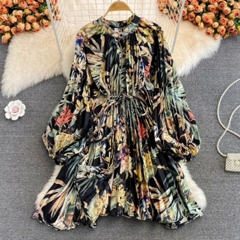 Autumn new stylish flower and leaf printing crew neck button puff long sleeve inelastic high quality casual midi dress