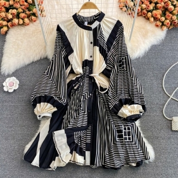 autumn new stylish two colors contrast colors stripe printing crew neck button puff long sleeve inelastic high quality casual midi dress