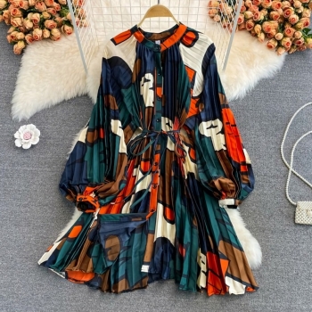 autumn new stylish two colors contrast colors geometry printing crew neck button puff long sleeve inelastic high quality casual midi dress