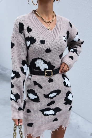 Autumn & winter new knitted leopard stretch long sleeve v-neck raw edge stylish casual mini dress(without belt)