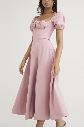 Summer new stylish simple solid color slit zip-up non-stretch puff sleeves casual midi dress