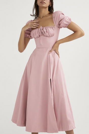 Summer new stylish simple solid color slit zip-up non-stretch puff sleeves casual midi dress