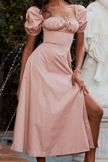 Summer new stylish simple solid color slit zip-up non-stretch puff sleeves casual midi dress