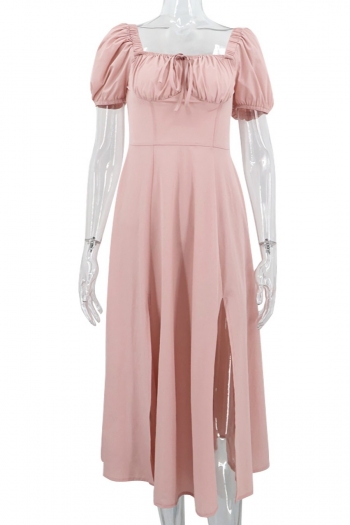 Summer new stylish simple solid color slit zip-up non-stretch puff sleeves casual midi dress