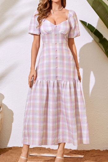 summer new stylish plaid batch printing single breasted zip-up non-stretch puff sleeve casual maxi dress