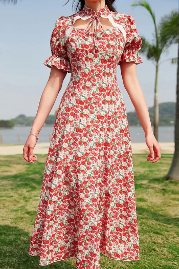summer new stylish 5 colors floral batch printing lace up hollow zip-up chiffon non-stretch casual midi dress