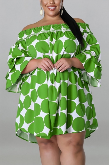 xl-5xl plus size summer new 5 colors stylish polka dot batch printing off-shoulder loose non-stretch casual midi dress