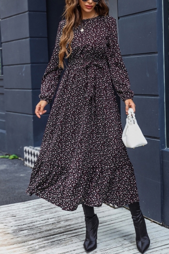 xs-l spring & autumn new inelastic floral batch printing lace-up button long sleeves casual midi dress