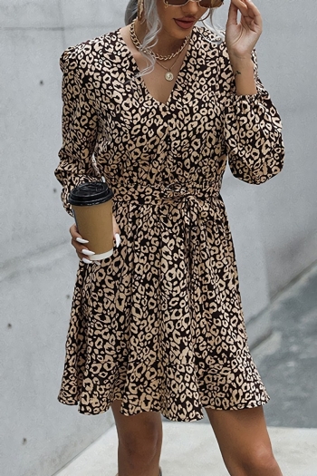 XS-L spring & autumn new stylish inelastic leopard printing v-neck with belt casual mini dress