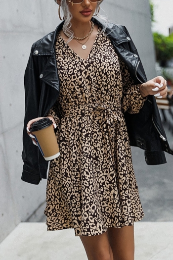 XS-L spring & autumn new stylish inelastic leopard printing v-neck with belt casual mini dress