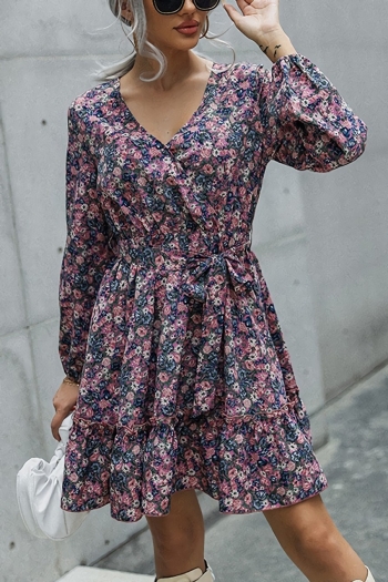 xs-l spring & autumn new floral batch printing inelastic with belt stylish mini dress