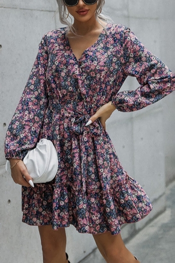 XS-L spring & autumn new floral batch printing inelastic with belt stylish mini dress