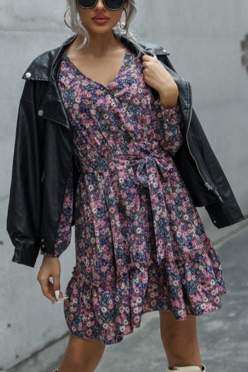 XS-L spring & autumn new floral batch printing inelastic with belt stylish mini dress