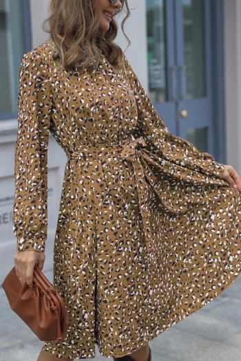 XS-L autumn new stylish inelastic leopard printing button long sleeves with belt casual midi dress