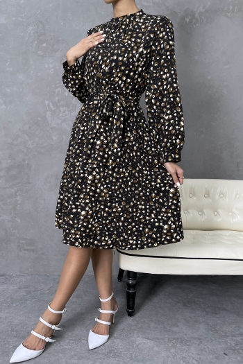 XS-L autumn new stylish inelastic leopard printing button long sleeves with belt casual midi dress