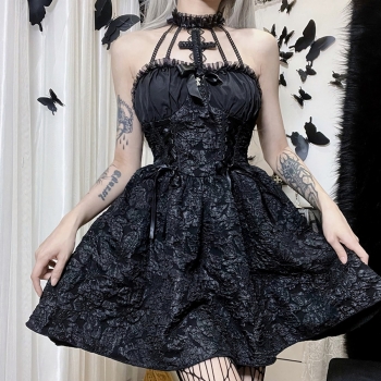 summer new stylish halter neck backless zip-up non-stretch lace-up gothic style sexy mini dress