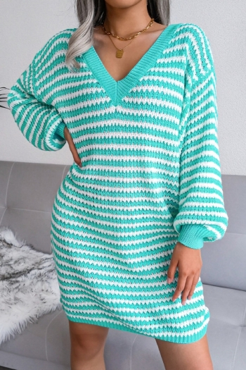 winter new 3 colors stripe knitted stretch v-neck lantern-sleeve stylish sweater mini dress (without belt)