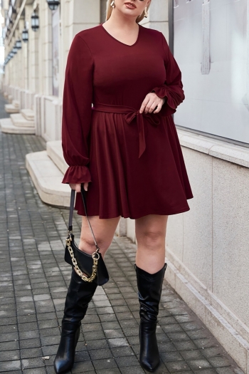 l-4xl plus size spring new stylish solid color stretch with belt long sleeves casual mini dress