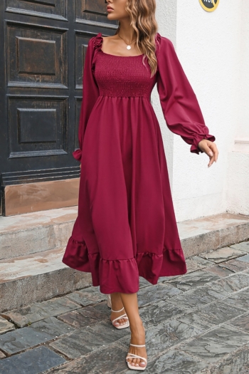 Autumn new stylish 5-colors solid color pleated chiffon flared sleeve slight stretch casual midi dress