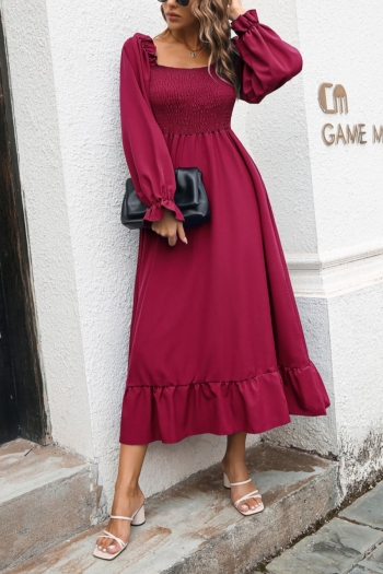 Autumn new stylish 5-colors solid color pleated chiffon flared sleeve slight stretch casual midi dress